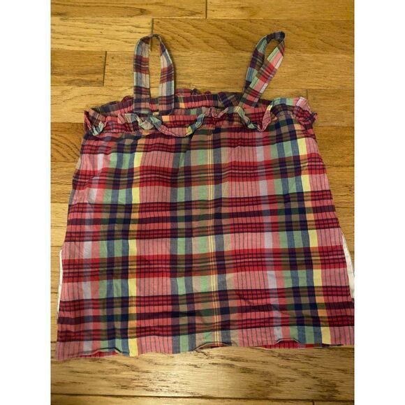 J. Crew, women's pink plaid cotton sleeveless ruffle neck hem tank size 0 - Picture 4 of 8